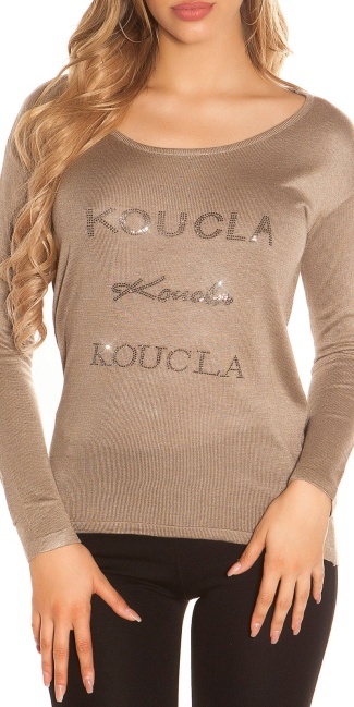 Trendy pullover met kant taupe